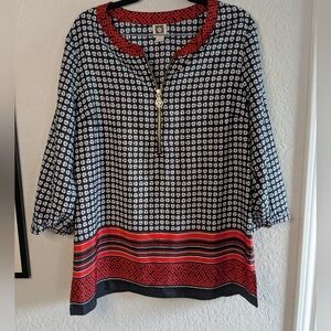 Anne Klein Tunic Blouse Gold Zip Front Geometric Red Black 3/4 Sleeves Size L